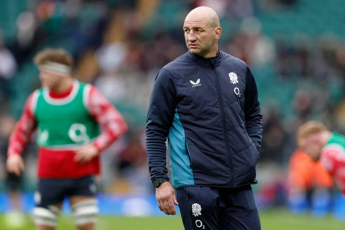 England rugby head coach Steve Borthwick during the warmup before the Six Nations Championship match against  Ireland at Twickenham on Feb 21, 2026.