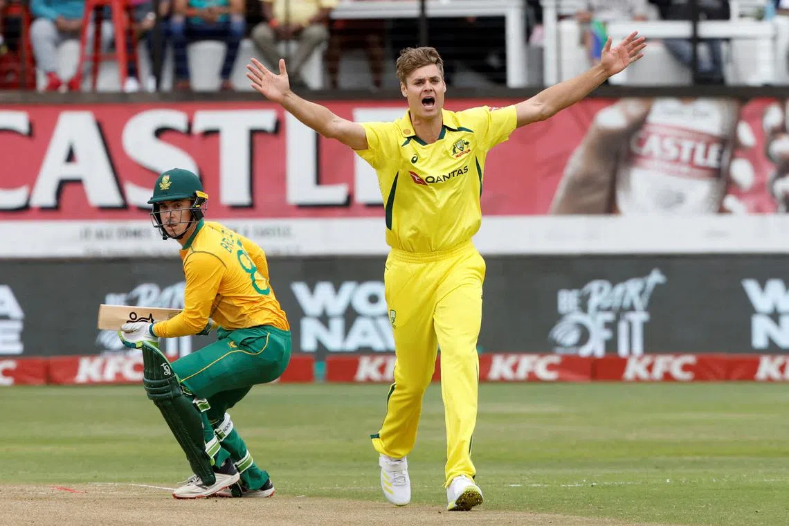 FILE PHOTO: Cricket - Second T20I - South Africa vs Australia - Kingsmead Cricket Ground, Durban, South Africa - September 3, 2023  Australia's Spencer Johnson appeals unsuccessfully for the wicket of South Africa's Matthew Breetzke REUTERS/Rogan Ward/File Photo