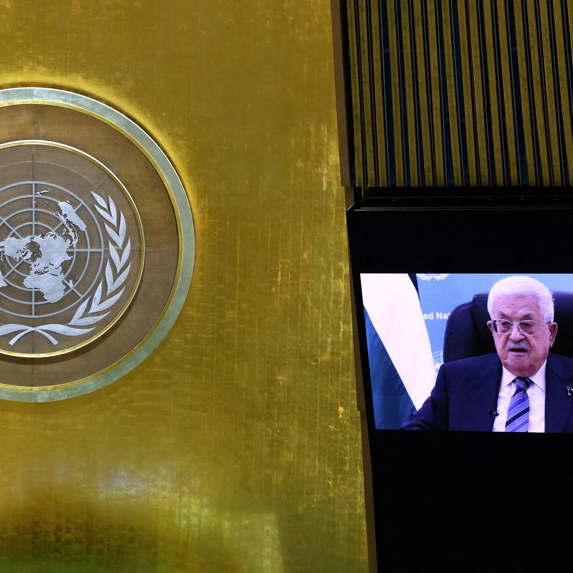 President of the State of Palestine Mahmoud Abbas addresses the 81st United Nations General Assembly via pre-recorded video (UNGA) at UN headquarters in New York City, US, September 24, 2026. REUTERS/Mike Segar