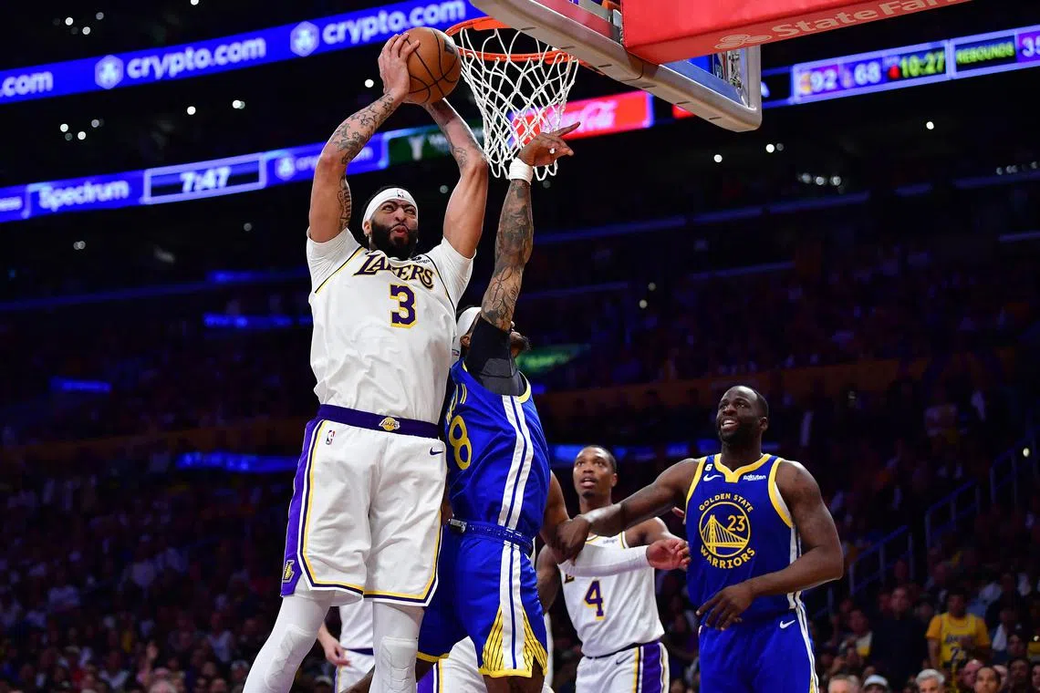 Los Angeles Lakers forward Anthony Davis gets the rebound in Game 3 of the NBA Western Conference semi-finals against the Golden State Warriors.