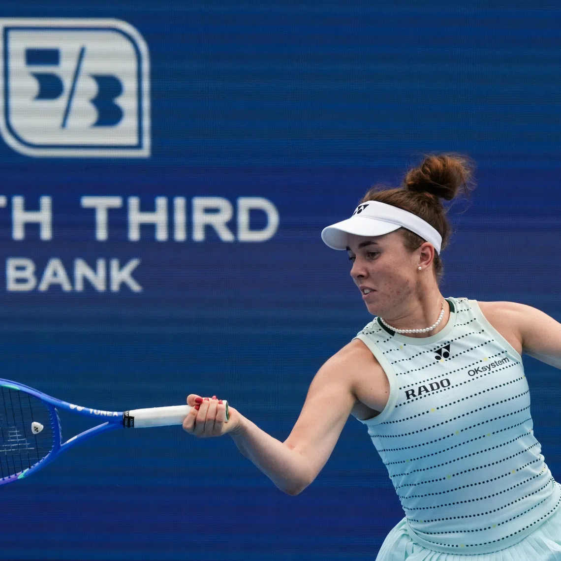 Aug 15, 2026; Mason, OH, USA;  Linda Noskova (CZE) returns a shot against Katie Boulter (GBR) during the Cincinnati Open at Lindner Family Tennis Center. Mandatory Credit: Aaron Doster-Imagn Images