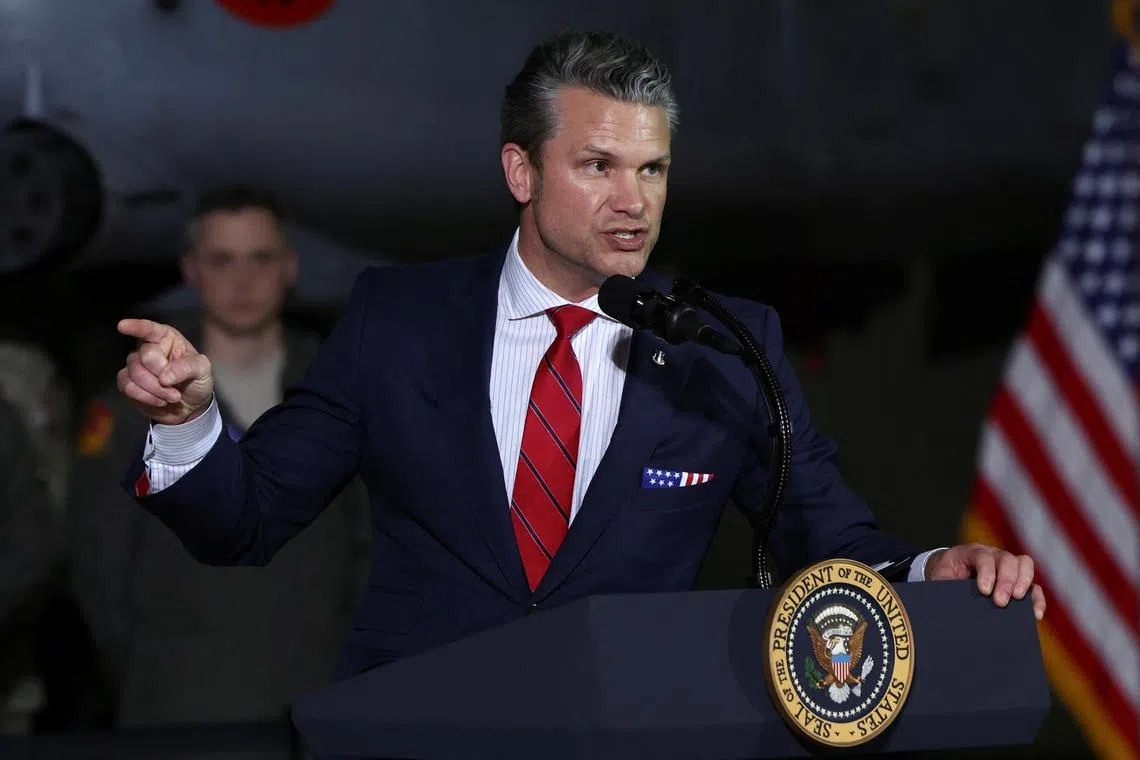 FILE PHOTO: U.S. Defense Secretary Pete Hegseth speaks during an event in Harrison Township, Michigan, U.S., April 29, 2025. REUTERS/Evelyn Hockstein/File Photo