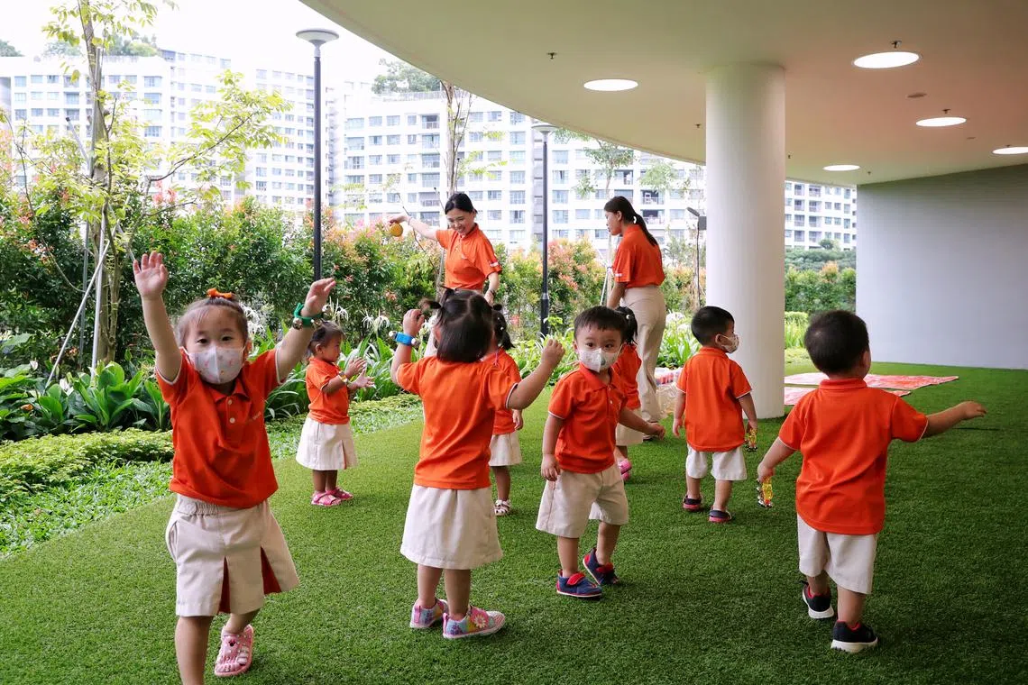 Playgroup (PG) pupils having an outdoor activity at NTUC First Campus’ (NFC) My First Skool in 6 New Punggol Road on Nov 9, 2022.