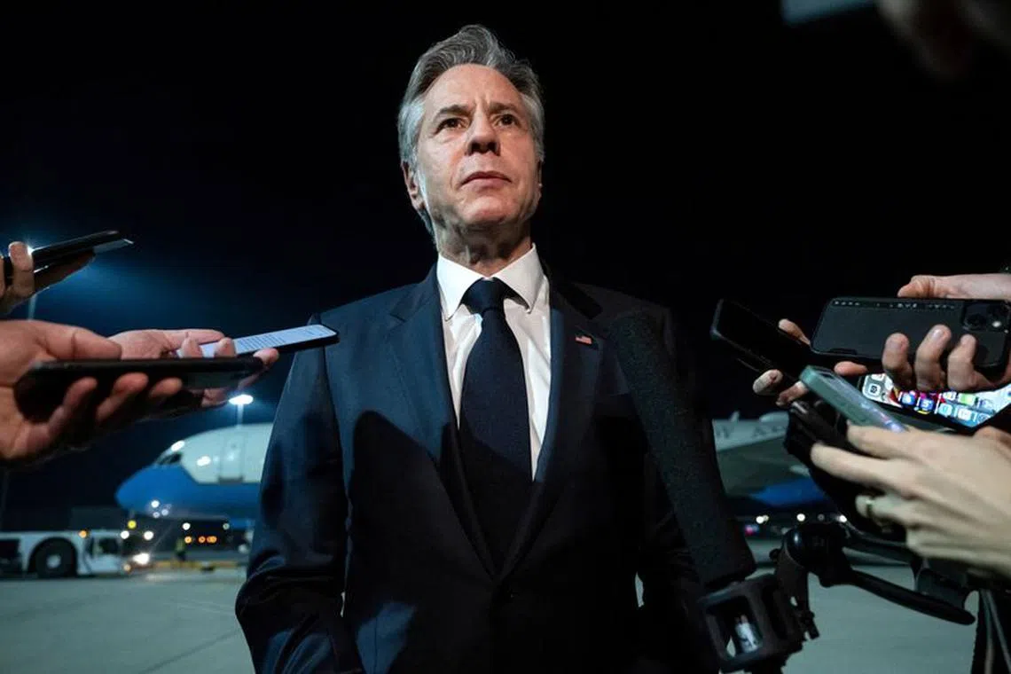 US Secretary of State Antony Blinken speaks to the media prior to departure from Al Maktoum International Airport in Dubai, on December 1, 2023. The United States remains \"intensely focused\" on freeing hostages held in Gaza despite the resumption of the Israel-Hamas war after a week-long truce, Secretary of State Antony Blinken said Friday. SAUL LOEB/Pool via REUTERS/File Photo