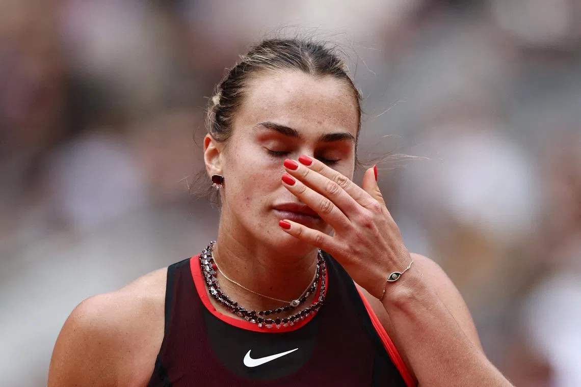 Tennis - French Open - Roland Garros, Paris, France - June 3, 2026 Belarus' Aryna Sabalenka reacts during her quarter final match against Russia's Diana Shnaider REUTERS/Stephane Mahe