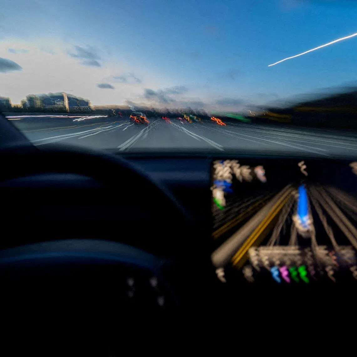 A display of a Tesla Model 3 using Full Self-Driving Supervised on a highway in San Diego on April 15.