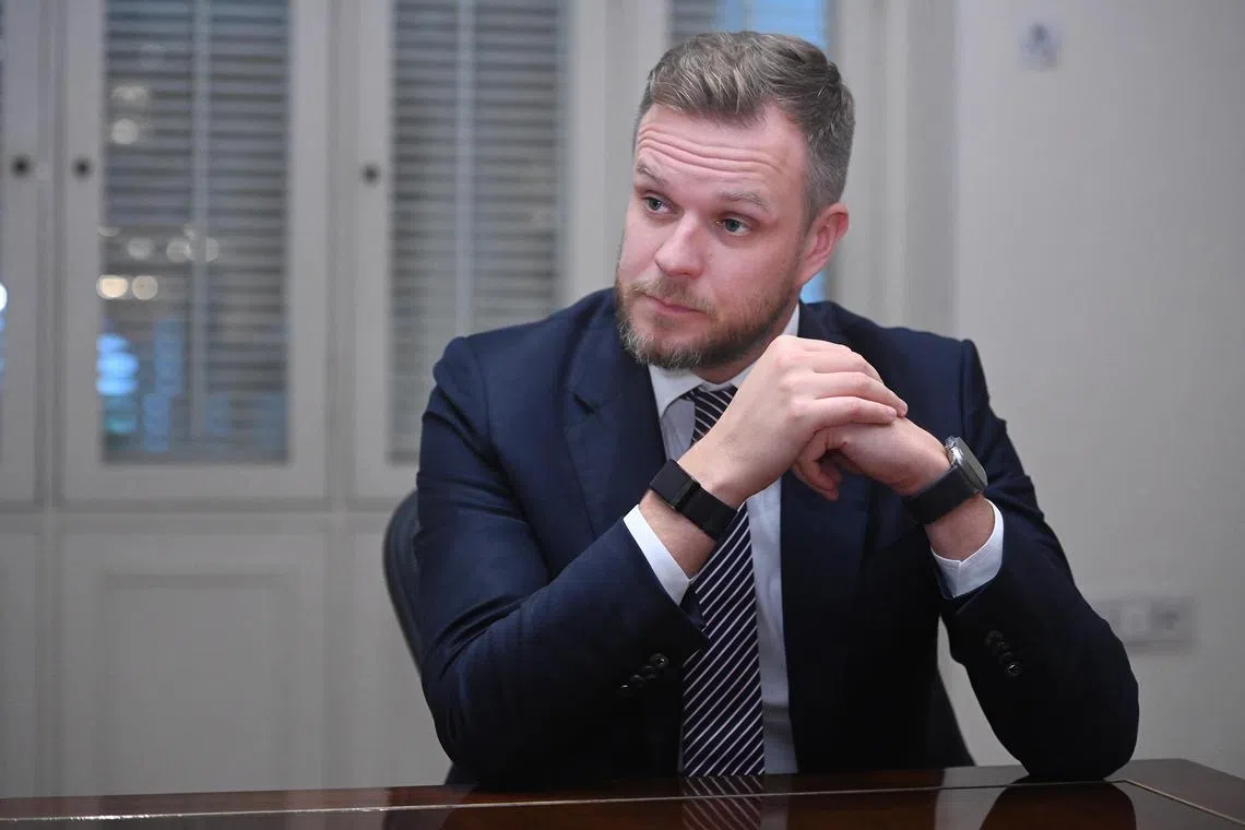 Photo taken on 27 October 2023 at Intercontinental Hotel (Bugis) of Lithuania's Foreign Minister Gabrielius Landsbergis. He is here on a 3-day visit starting Oct 27. He is slated to meet our Foreign Minister Vivian Balakrishnan on Oct 27 and take part in the official opening of Lithuania's embassy in Singapore. He is also set to visit a local Lithuanian school and meet with members of the Lithuanian community in Singapore. Our two countries celebrate 30 years of bilateral relations in 2023.