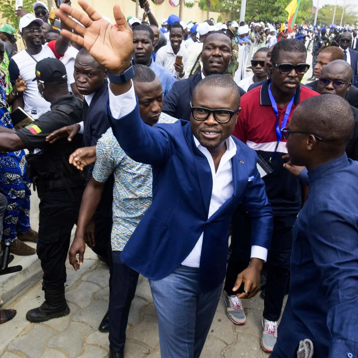 Romuald Wadagni, Benin's finance minister and the ruling party candidate for the presidential election, waves after presenting his platform in Cotonou, Benin March 21, 2026. REUTERS/Charles Placide Tossou