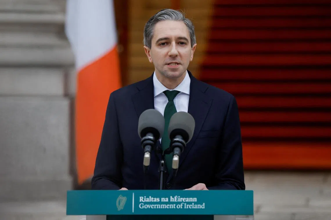 Taoiseach (Prime Minister) Simon Harris makes a statement at Government Buildings calling a General Election, in Dublin, Ireland, November 8, 2024. REUTERS/Clodagh Kilcoyne