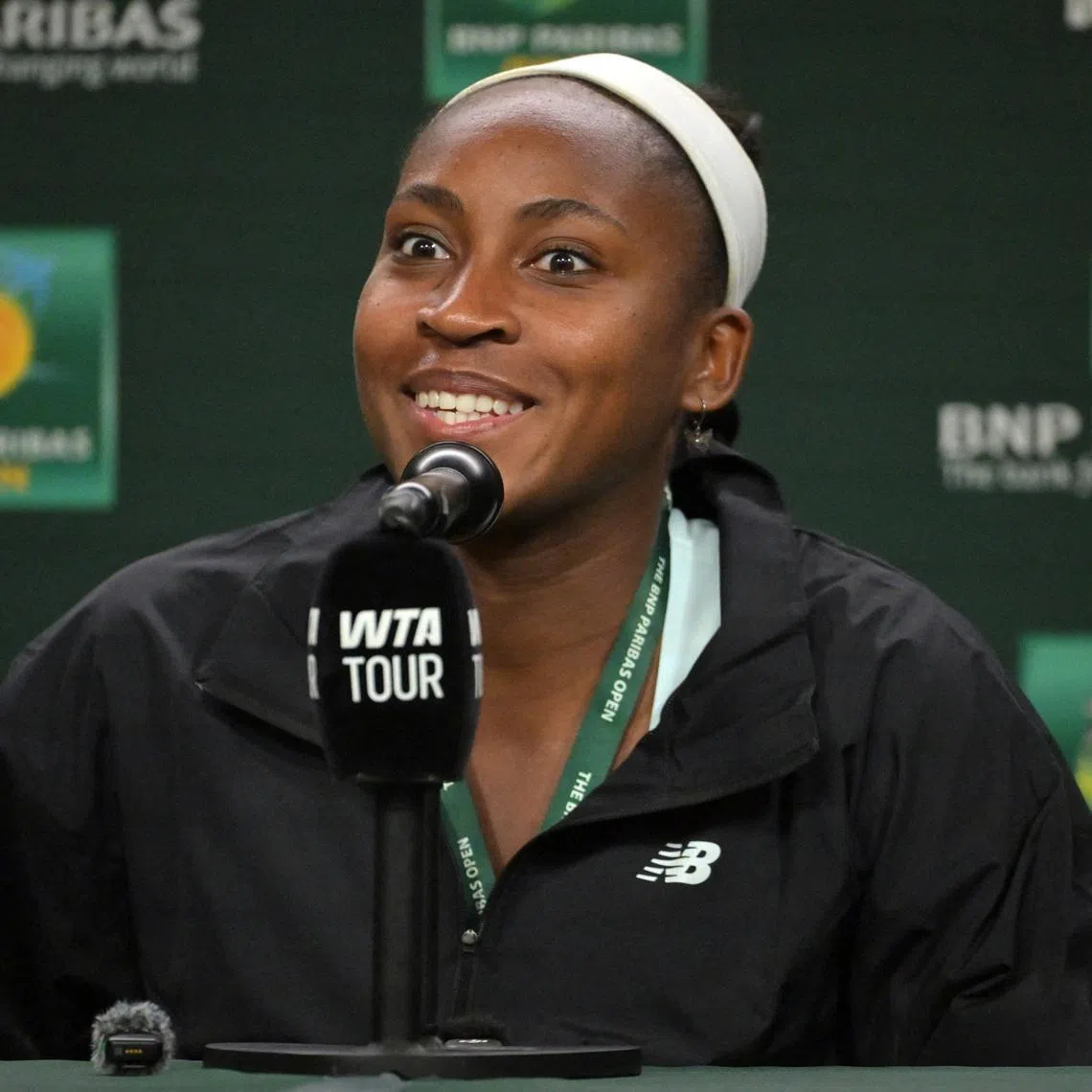 Mar 3, 2026; Indian Wells, CA, USA;  Coco Gauff (USA) speaks to the media at a news conference during the BNP Paribas Open at the Indian Wells Tennis Garden. Mandatory Credit: Jayne Kamin-Oncea-Imagn Images