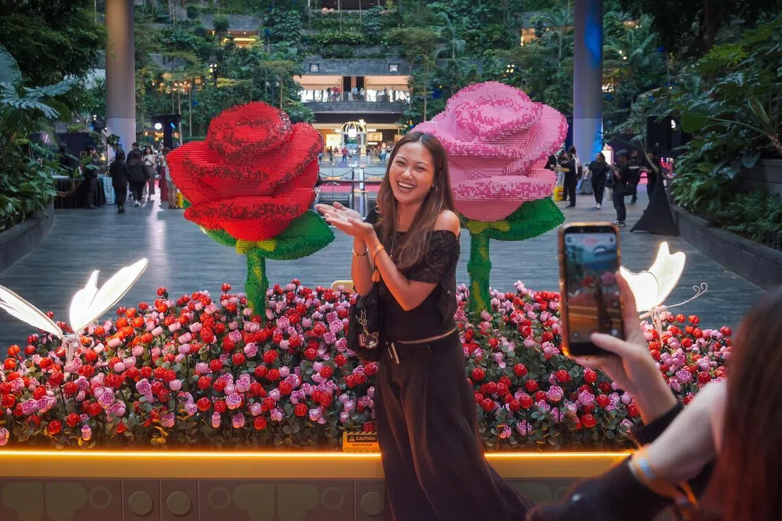 A visitor poses beside two-metre-tall rose sculptures built from Lego bricks at Jewel Changi Airport’s Forest Valley on May 26, as part of the Lego Botanicals showcase.