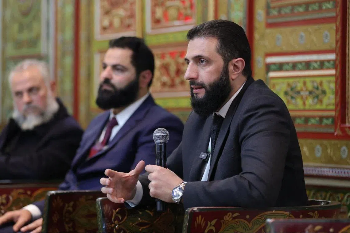 Syria's interim leader Ahmed al-Sharaa attending a meeting with officials and local leaders in the western coastal city of Tartus, on Feb 16.