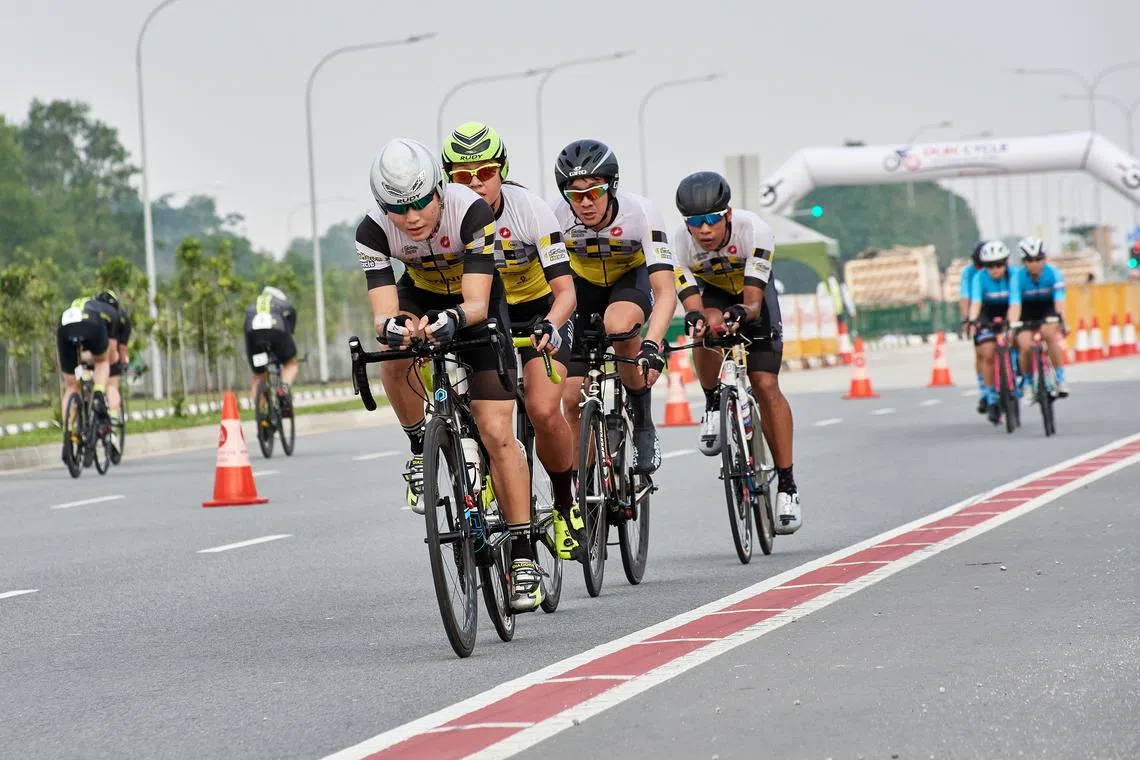 Cyclists competing in the OCBC Cycle National Team Time Trial Championships in 2018.