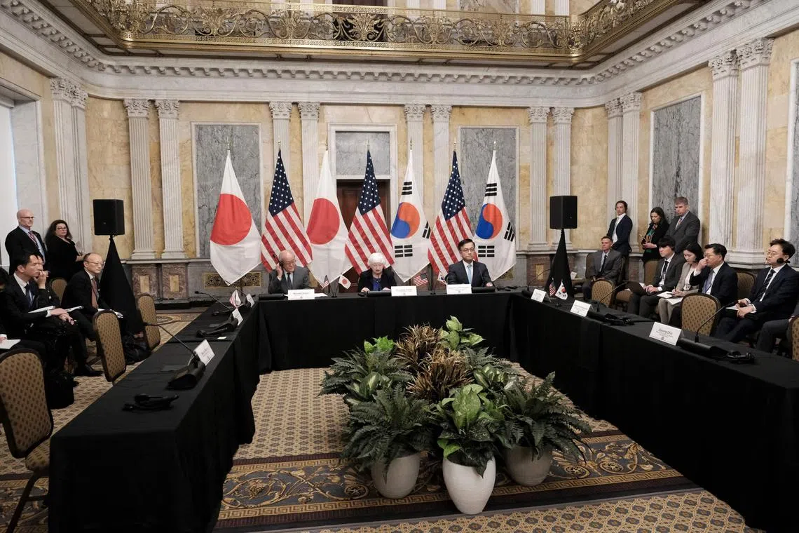 A trilateral gathering, attended by US Treasury Secretary Janet Yellen, Japanese Finance Minister Shunichi Suzuki and South Korean Finance Minister Choi Sang-mok, was held on the sidelines of the IMF and G-20 finance leaders’ meetings, in Washington.