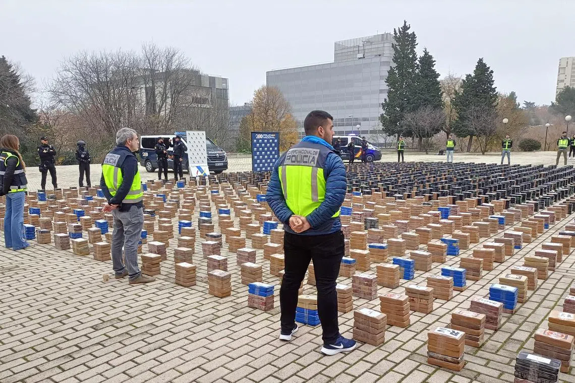 Cocaine seized in Valencia and Vigo on display at the Canillejas Police Complex in Madrid in December 2023.