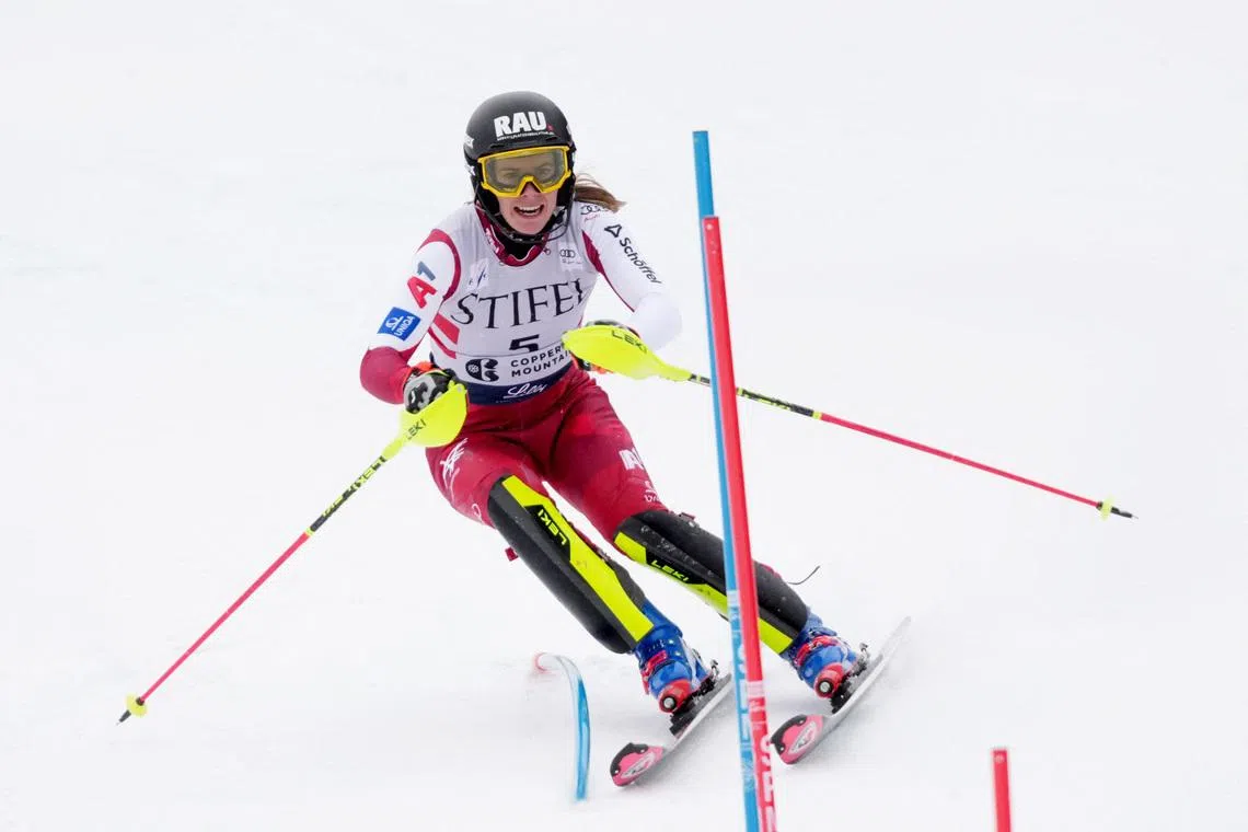 FILE PHOTO: Nov 30, 2025; Copper, Colorado, USA;  Katharina Liensberger of Austria during the first run of the women's slalom alpine skiing race at the Stifel Copper Cup at Copper Mountain. Michael Madrid-Imagn Images/ File Photo