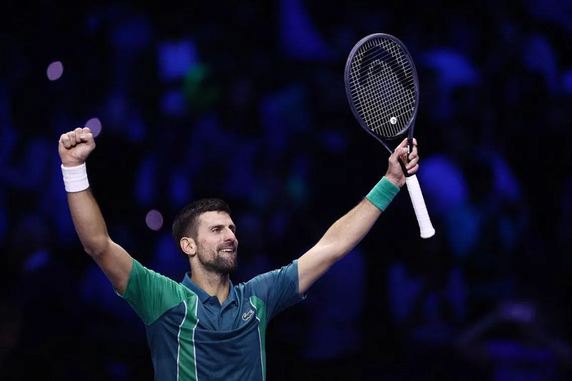 Tennis - ATP Finals - Pala Alpitour, Turin, Italy - November 18, 2023 Serbia's Novak Djokovic celebrates after winning his semi final match against Spain's Carlos Alcaraz REUTERS/Guglielmo Mangiapane
