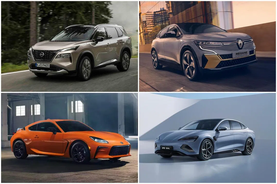 (Clockwise, from top left) Nissan's new X-Trail e-Power, Renault's Megane E-Tech, BYD's Seal and the Toyota GR86.