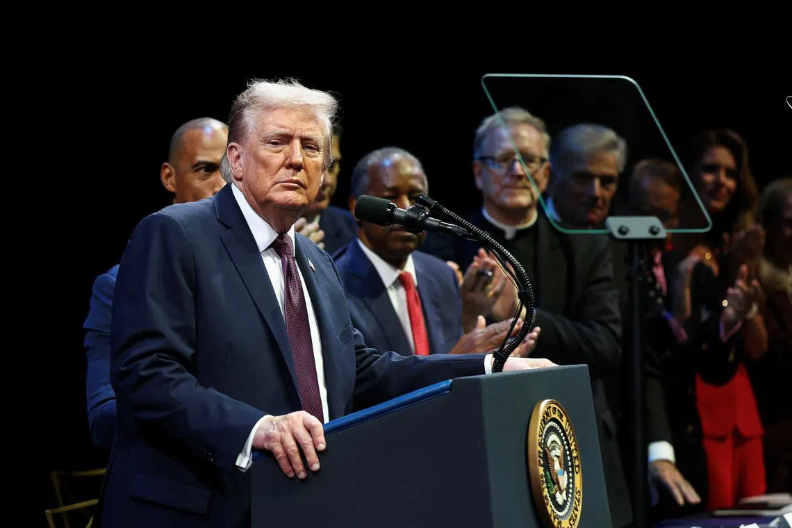 U.S. President Donald Trump delivers remarks to the White House Religious Liberty Commission at the Museum of the Bible, in Washington, D.C., U.S., September 8, 2025. REUTERS/Evelyn Hockstein