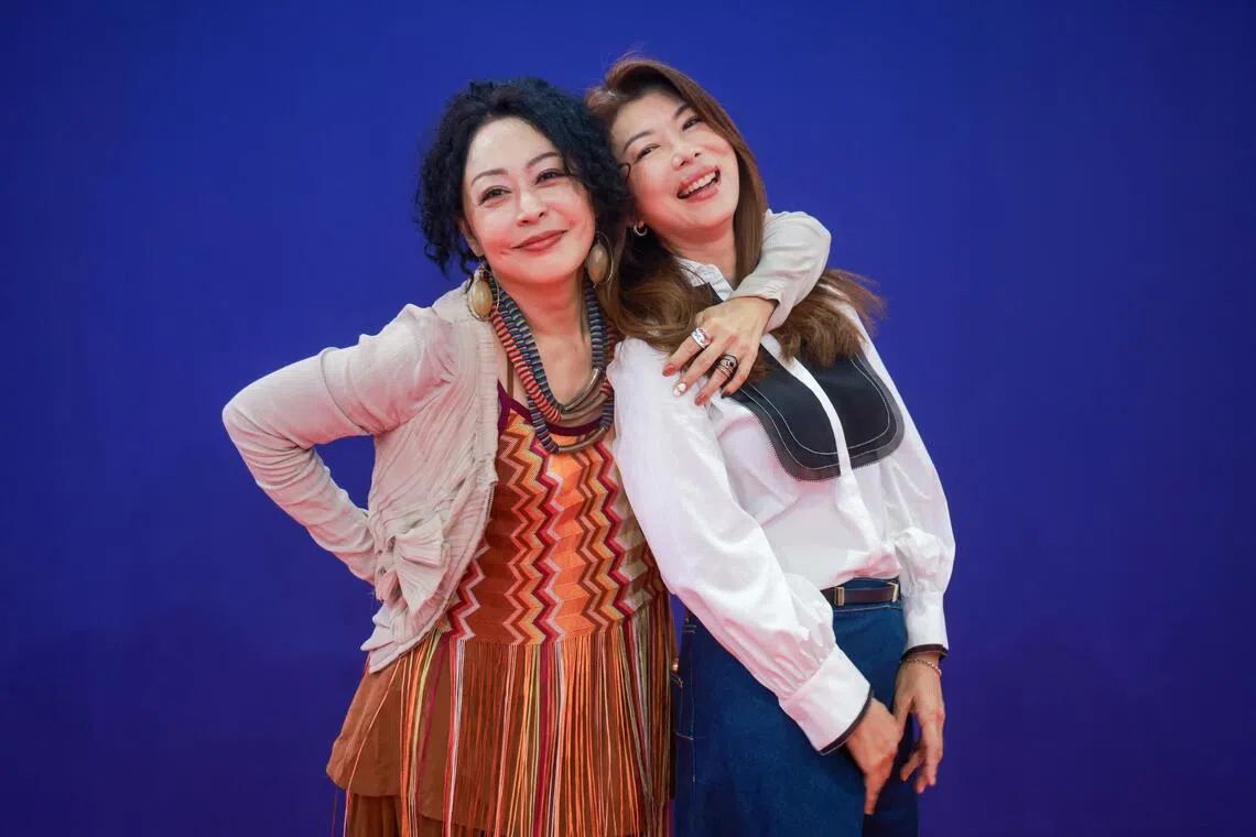 Former actress Cherie Lim (right) is back in the spotlight after three decades, joining actress Cassandra See (left) and other familiar 90s Channel 8 personalities in microdrama BingBingBiangBiang Kopitiam.