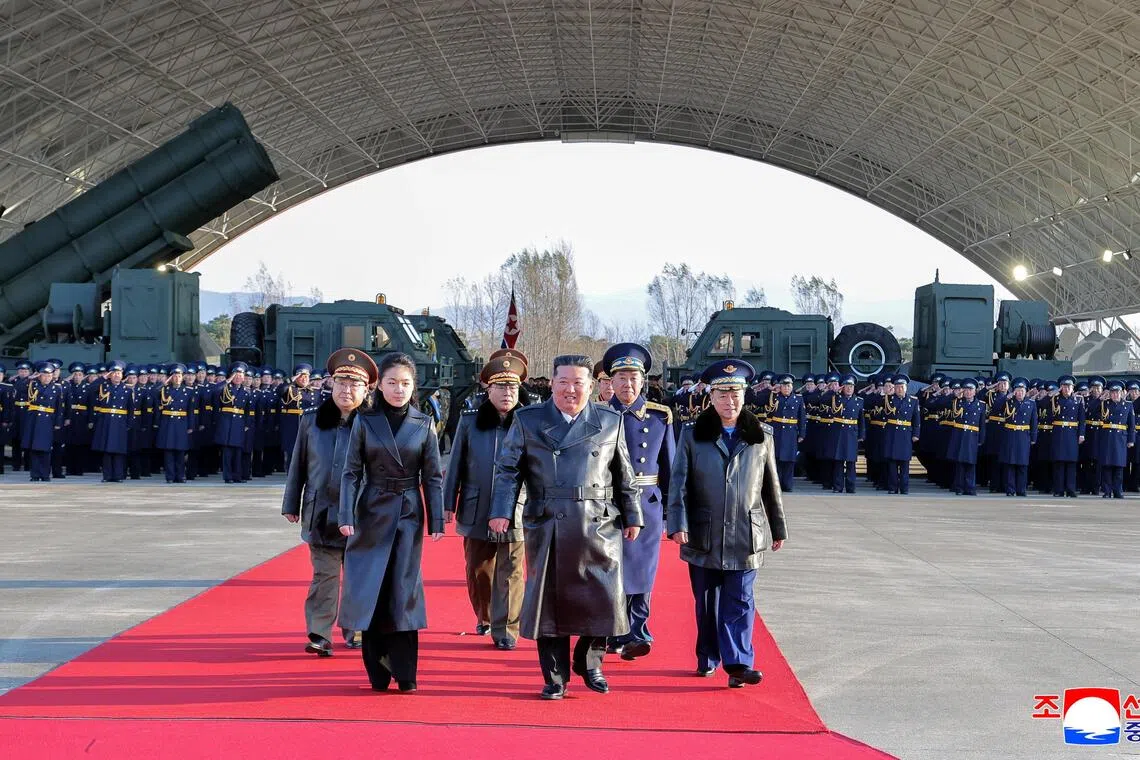 North Korean leader Kim Jong Un and his daughter Kim Ju Ae at the event to celebrate the air force's 80th anniversary, at the Kalma Airfield, in Wonsan, North Korea, on Nov 28. 