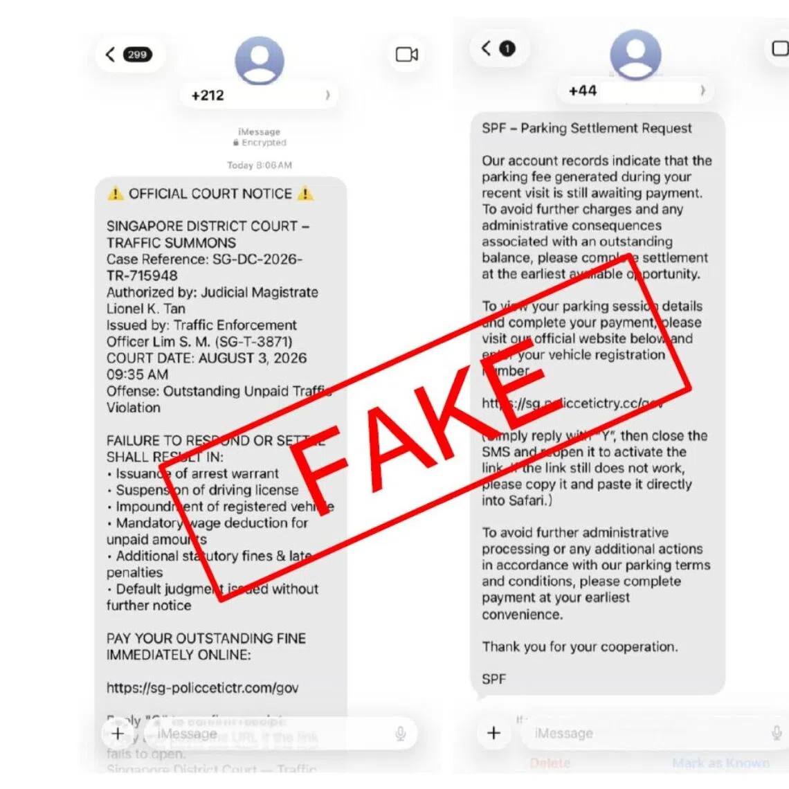 Most victims received messages claiming they had committed a traffic offence, an unpaid parking fee or failed to settle a court summons.