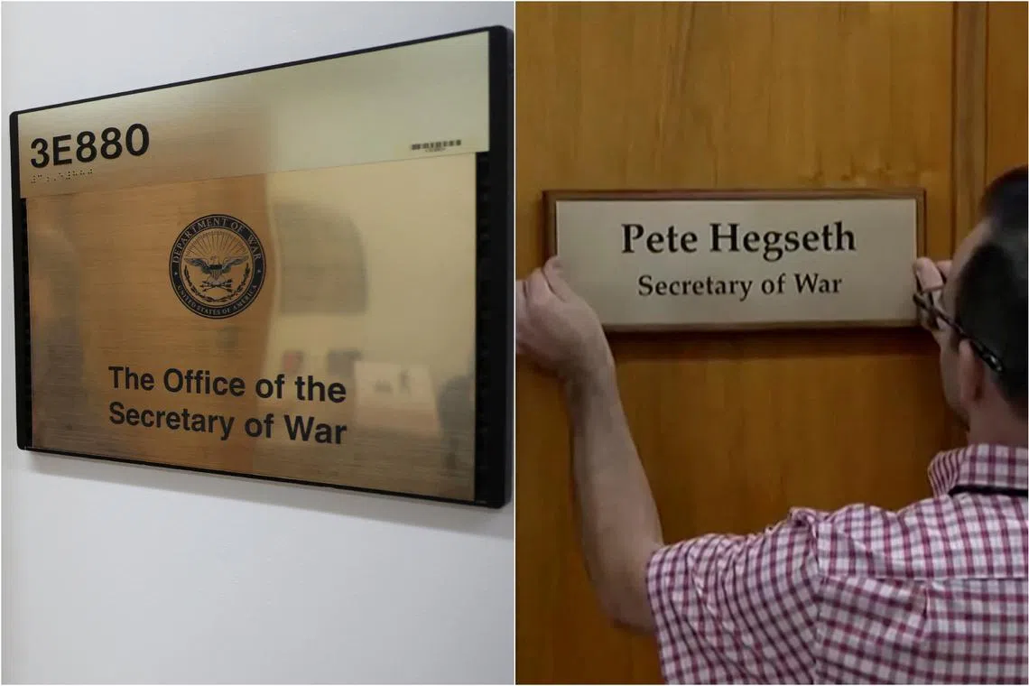 A sign that reads 'Pete Hegseth - Secretary of War' is displayed on a door at the Pentagon, on Sept 5.