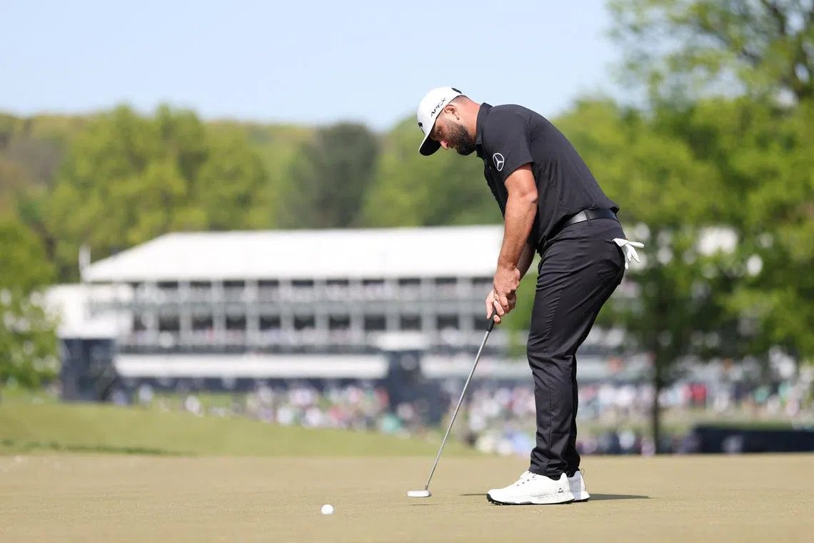 Jon Rahm of Spain putts on the ninth green during the first round of the 2023 PGA Championship.