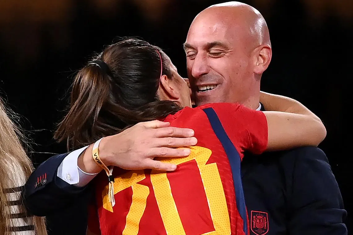 Spanish football federation chief Luis Rubiales (right) has been heavily criticised for planting a kiss on the lips of player Jennifer Hermoso.