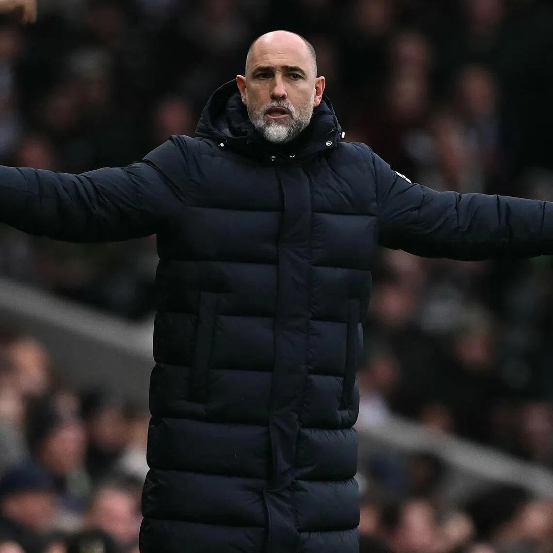 Tottenham Hotspur manager Igor Tudor gesturing on the touchline during the 2-1 English Premier League loss to Fulham at Craven Cottage in London on March 1, 2026.  