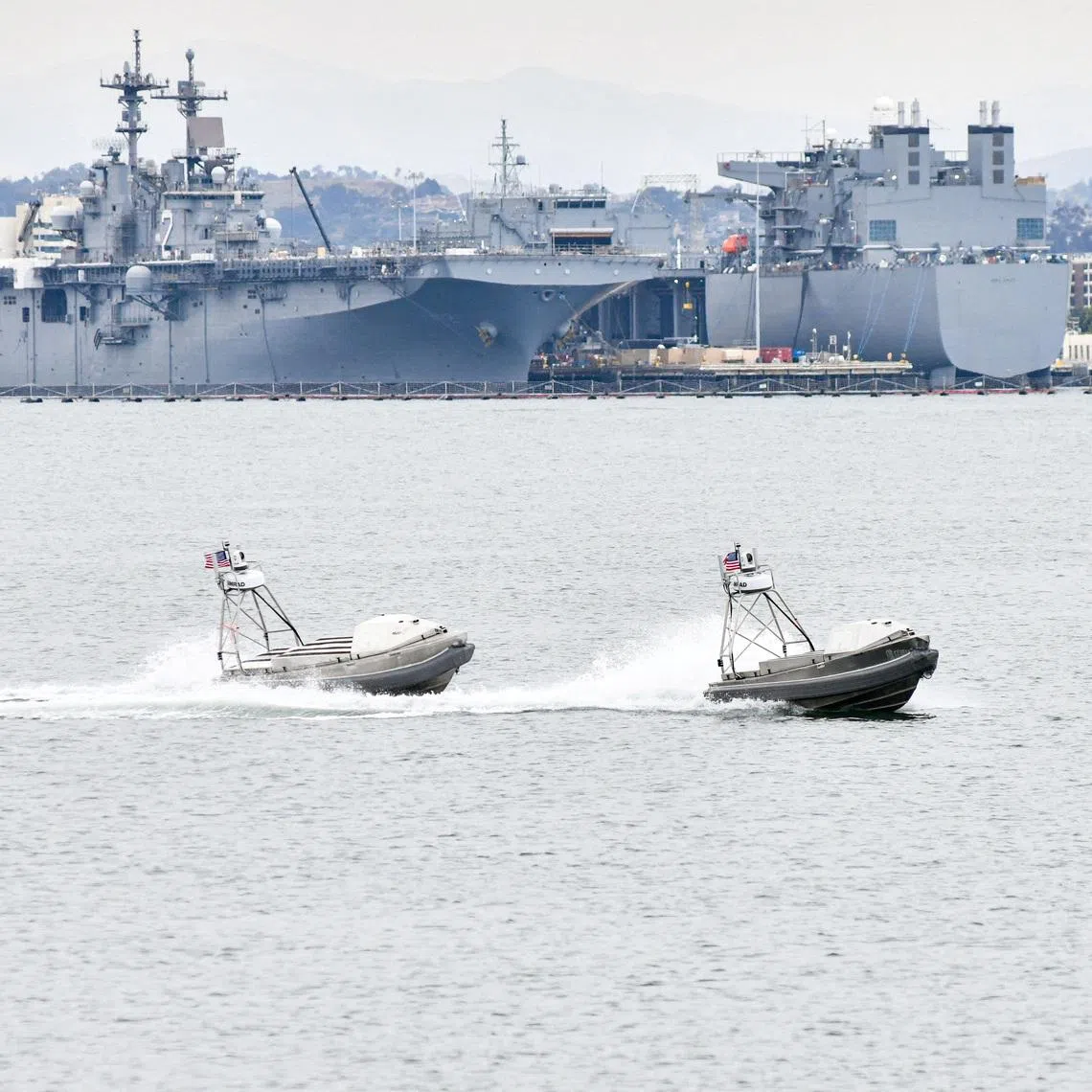 FILE PHOTO: Global autonomous reconnaissance craft (GARC) from Unmanned Surface Vessel Squadron (USVRON) 3 operate remotely ahead of the unit's establishment ceremony at Naval Base Coronado in San Diego, California, U.S. May 15, 2024.  U.S. Navy/Mass Communication Specialist 1st Class Claire M. DuBois/Handout via REUTERS/File Photo