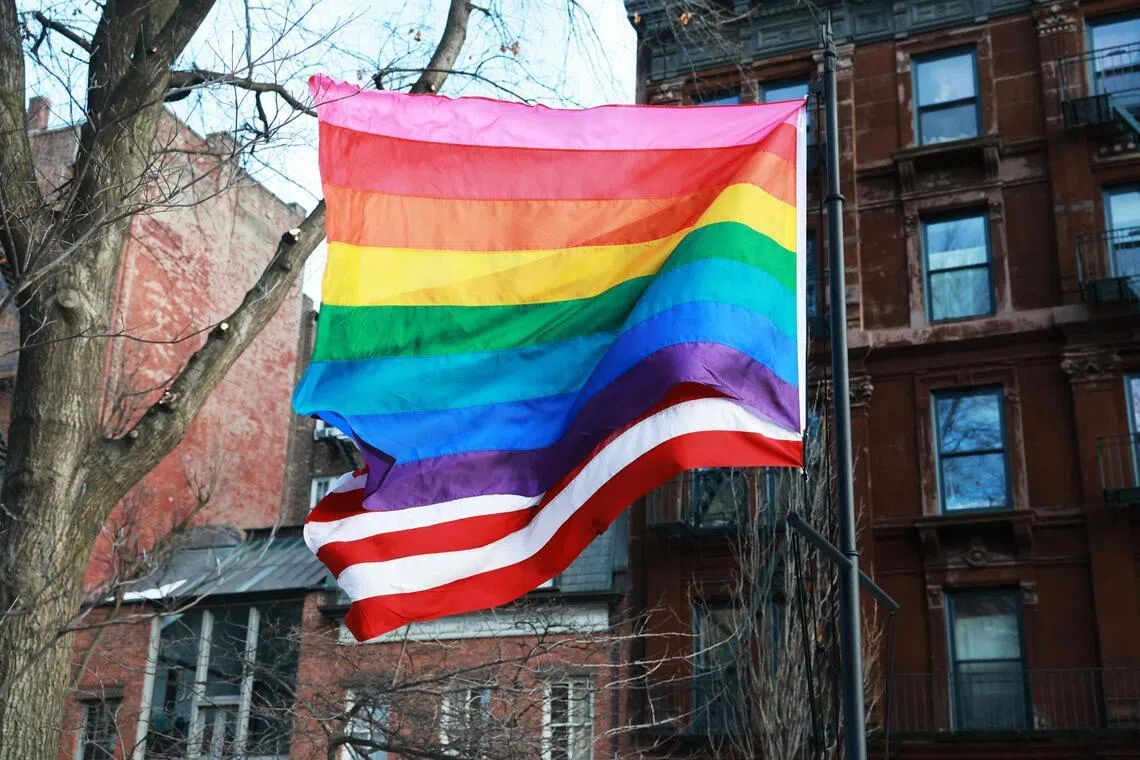 The American Flag flies with the Pride flag after local politicians and activists put up a LGBTQ+ Pride flag at the Stonewall National Monument after the National Park Service remove it earlier in the week.