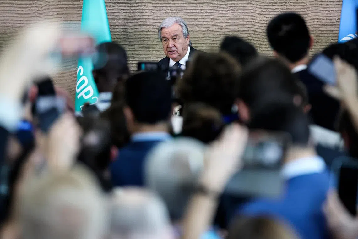 epa11022455 Secretary-General of the United Nations, Antonio Guterres, holds a press conference during the 2023 United Nations Climate Change Conference (COP28) at Expo City Dubai in Dubai, UAE, 11 December 2023. COP28 runs from 30 November to 12 December, and is expected to host one of the largest number of participants in the annual global climate conference as over 70,000 estimated attendees, including the member states of the UN Framework Convention on Climate Change (UNFCCC), business leaders, young people, climate scientists, Indigenous Peoples and other relevant stakeholders will attend.  EPA-EFE/ALI HAIDER