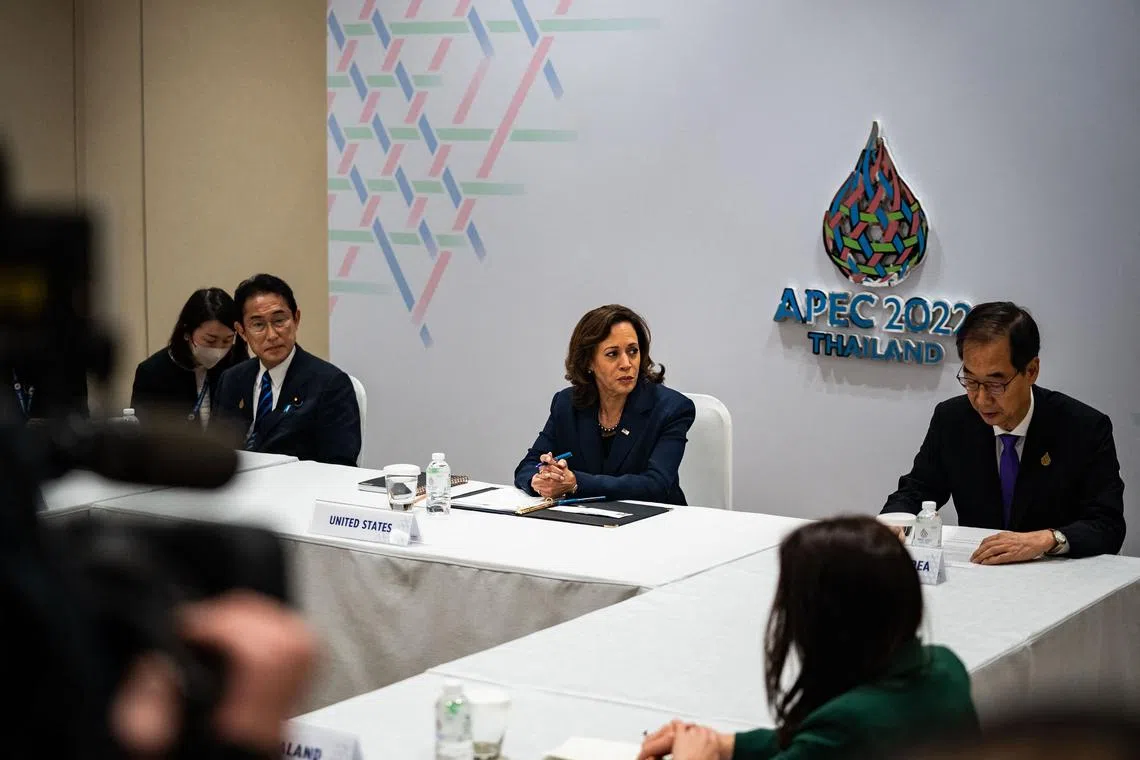(From left) Japanese PM Fumio Kishida, US Vice-President Kamala Harris and South Korean PM Han Duck-soo during the meeting with allies in Bangkok on Nov 18.