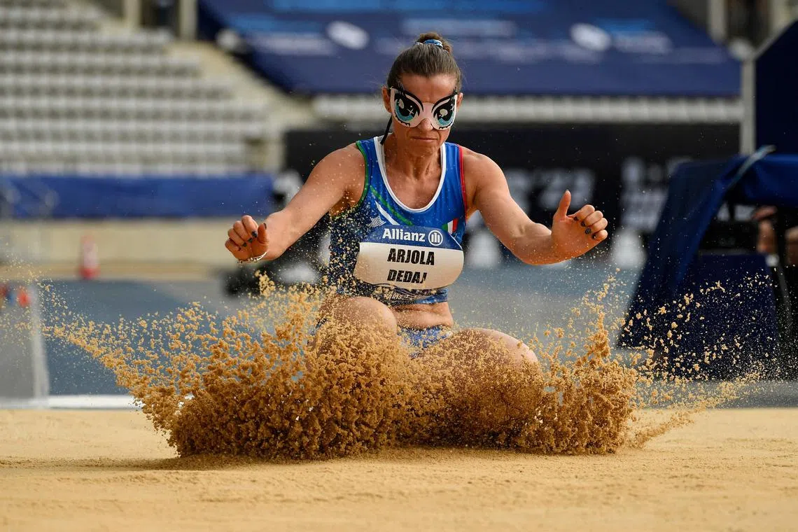 Italy's Arjola Dedaj competing during the Women's Long Jump T11 Final as part of Paris 2023 Para Athletics World Championships at the Charlety Stadium on July 9, 2023. 