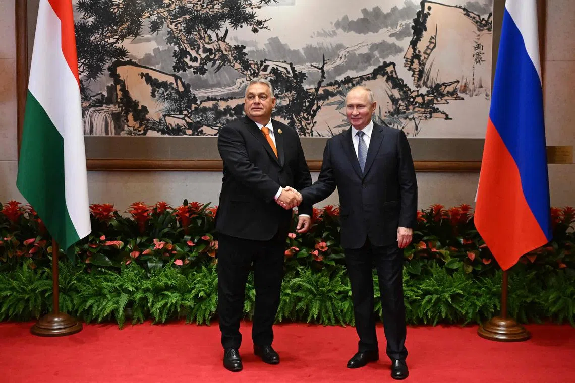Hungarian Prime Minister Viktor Orban meets Russian President Vladimir Putin on the sidelines of a forum in Beijing in October 2023.
