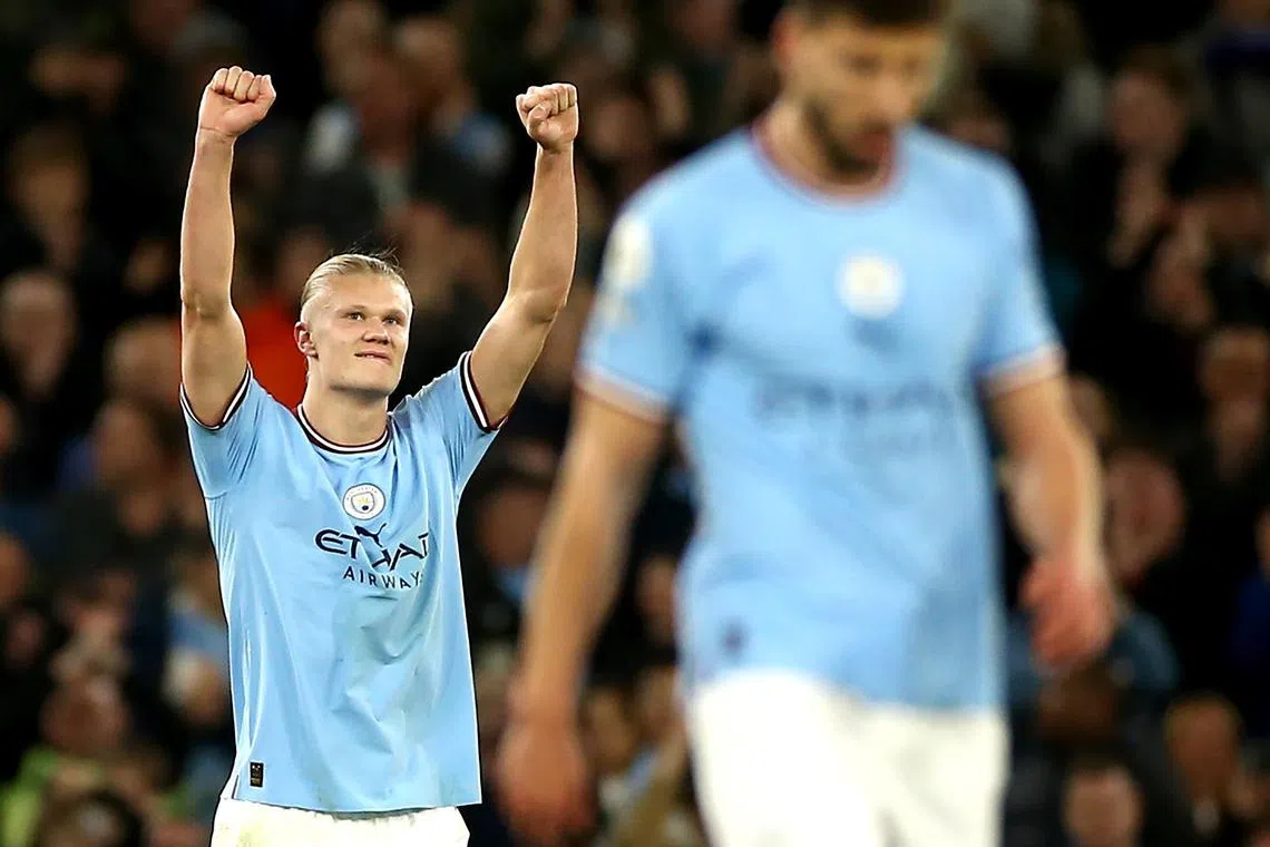 Erling Haaland of Manchester City celebrating after scoring his team's second goal against West Ham on May 3. 