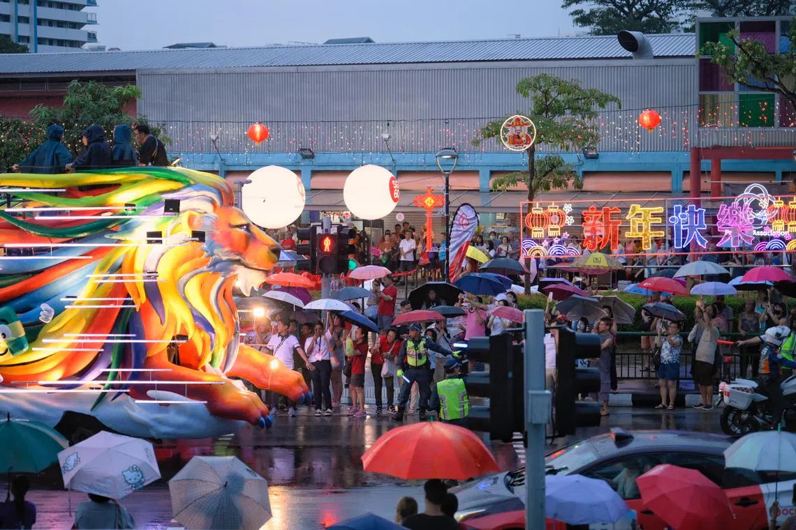 A float passes by the crowd at Teck Ghee Square during the first stop of Chingay 2025@ Ang Mo GRC, Kebun Bahru GRC, and Yio Chu Kang SMCs, on Feb 15, 2025.