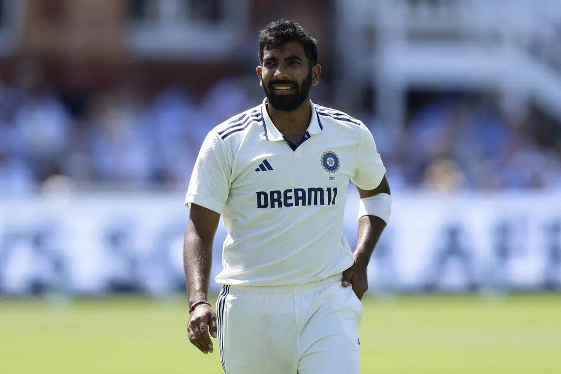 FILE PHOTO: Cricket - International Test Match Series - Third Test - England v India - Lord's Cricket Ground, London, Britain - July 10, 2025 India's Jasprit Bumrah reacts Action Images via Reuters/Peter Cziborra/File Photo