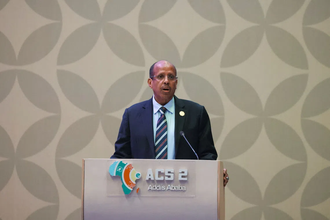 African Union Commission Chairperson, Mahmoud Ali Youssouf, speaks at the Second Africa Climate Summit (ACS2) in Addis Ababa, Ethiopia, September 8, 2025. REUTERS/Tiksa Negeri