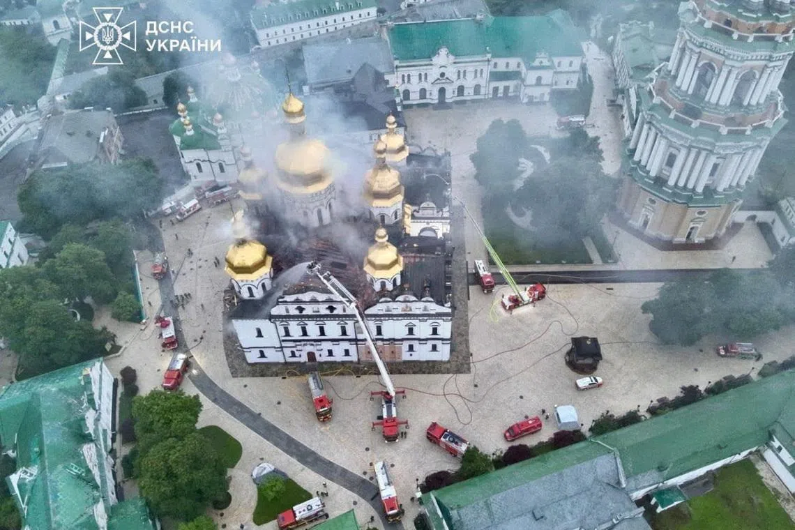 A drone view shows firefighters as they work to extinguish a fire at the Dormition Cathedral of the Kyiv Pechersk Lavra, which was hit during Russian missile and drone strikes, amid Russia's attack on Ukraine, in Kyiv, Ukraine June 15, 2026. Press service of the State Emergency Service of Ukraine/Handout via REUTERS