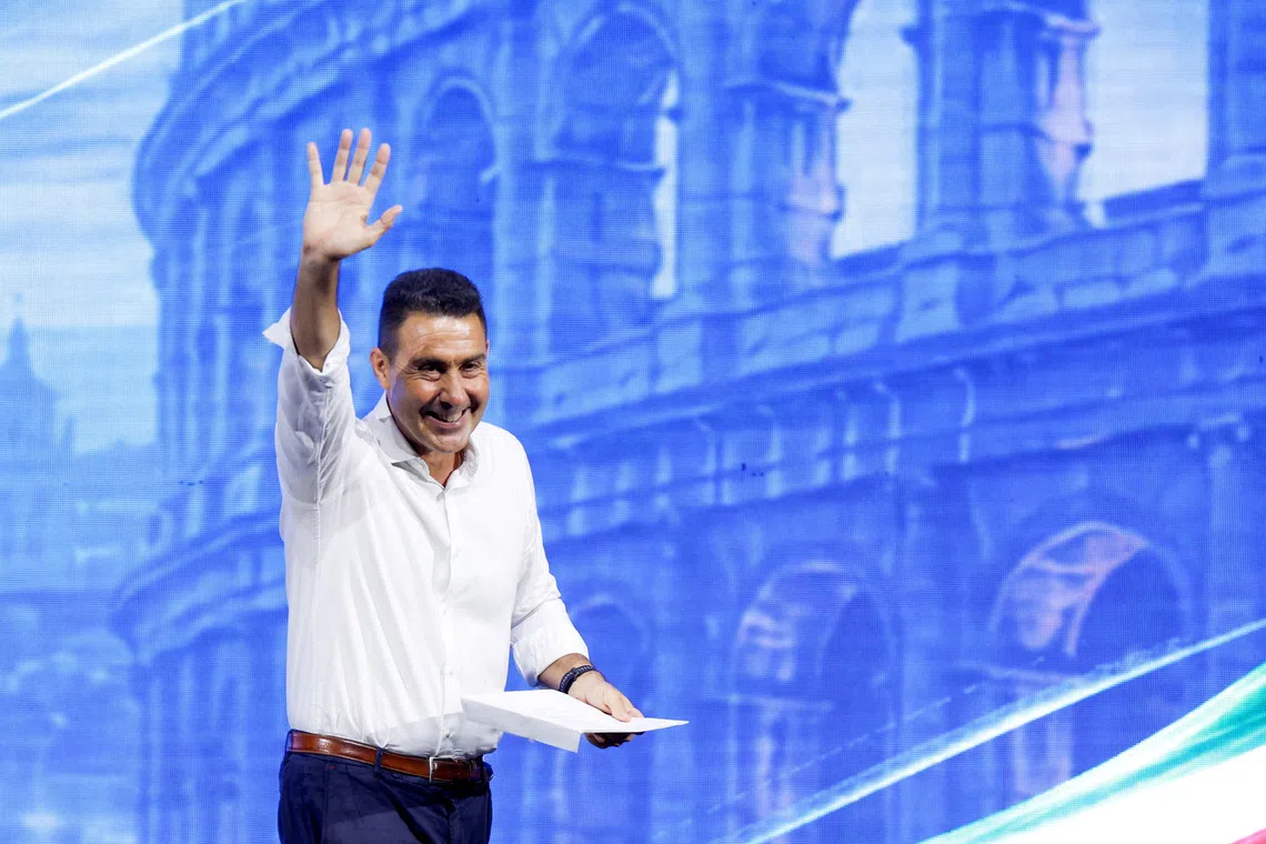 Former Italian general Roberto Vannacci waves to supporters at the end of the national assembly of his far-right Futuro Nazionale party, in Rome, Italy, June 14,  2026. REUTERS/Remo Casilli