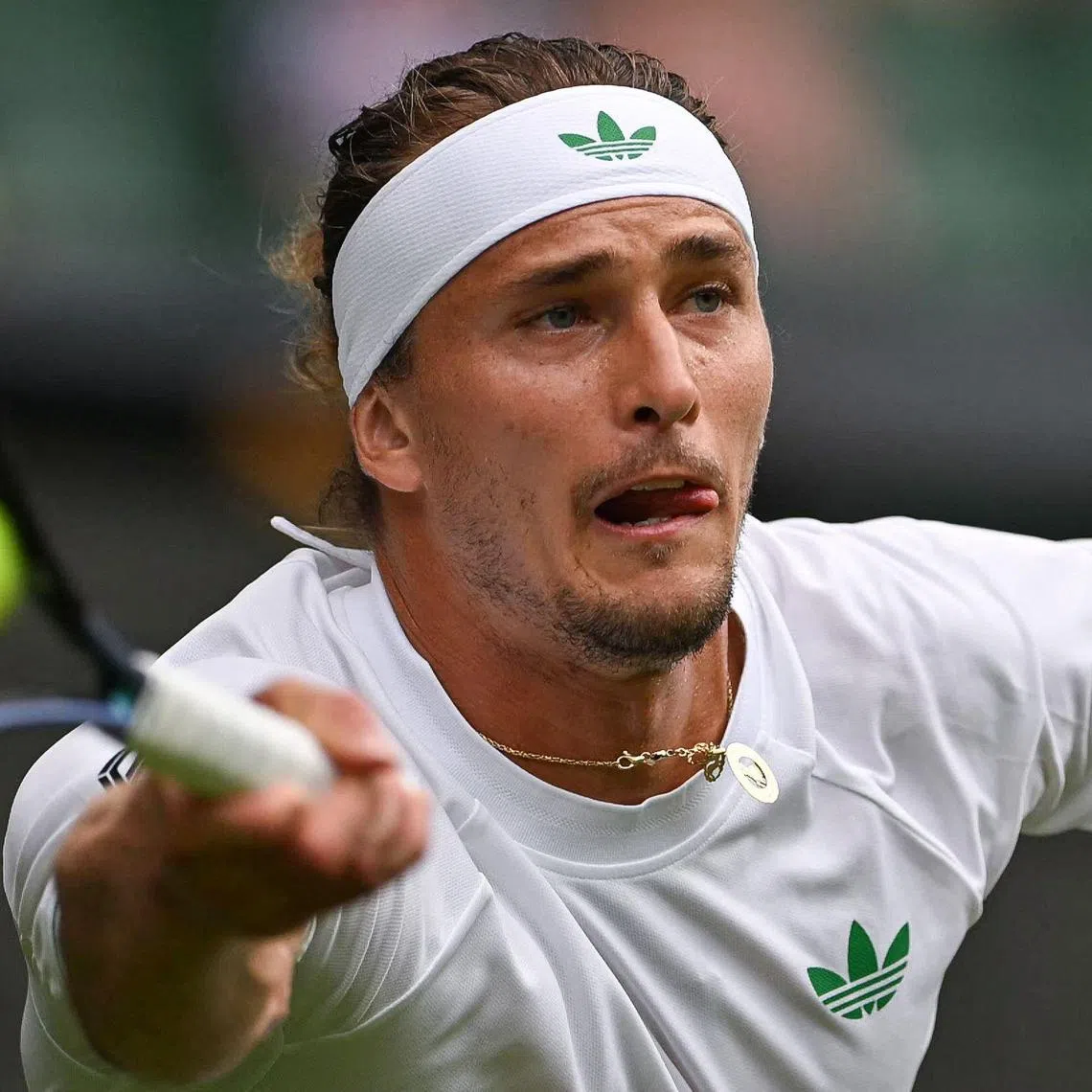 Germany's Alexander Zverev playing a forehand return to France's Arthur Rinderknech during the world No. 3's first-round exit at Wimbledon on July 1, 2025. 