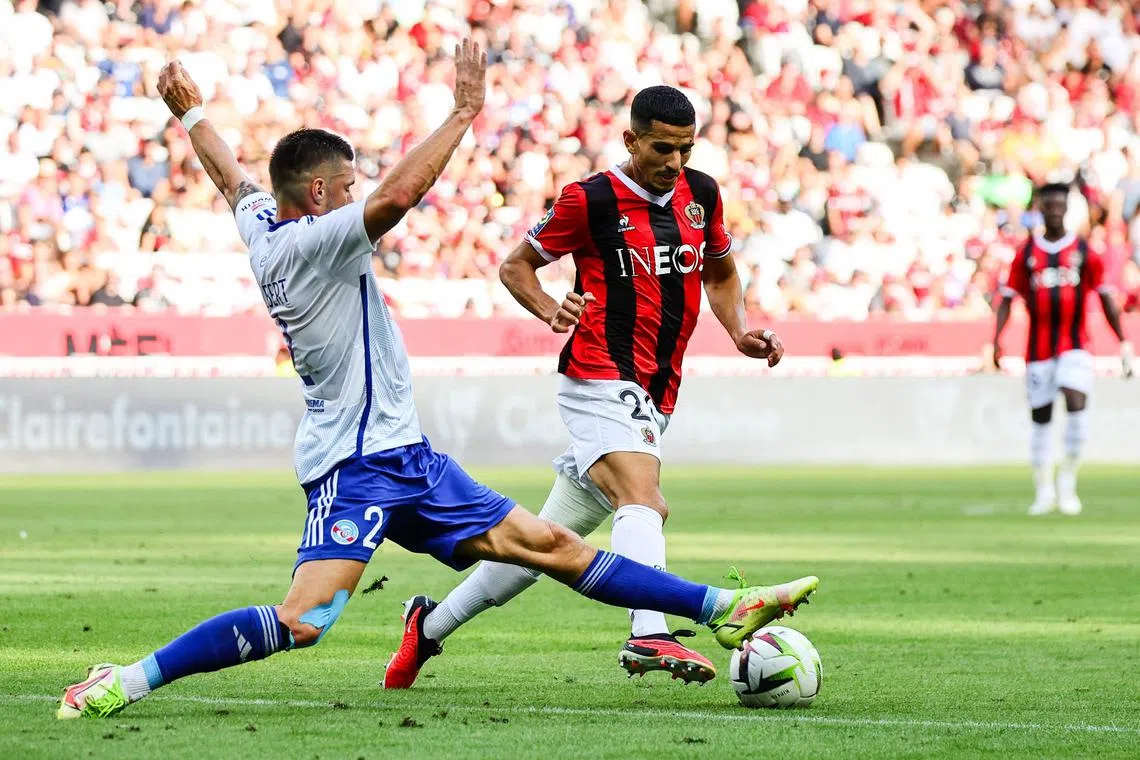 Nice's Algerian defender Youcef Atal (no. 20) pictured in the match against Strasbourg Alsace at the Allianz Riviera Stadium in Nice, France.