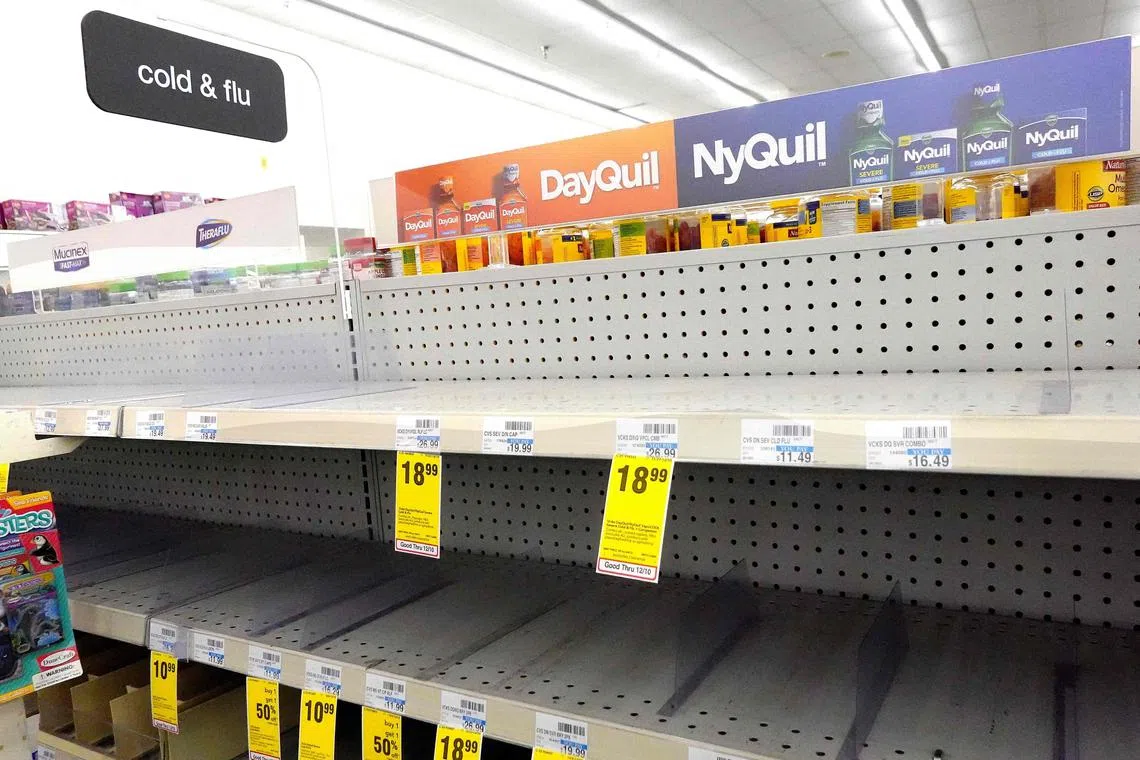 BURBANK, CALIFORNIA - DECEMBER 06: A cold and flu medicine shelf is empty in a CVS pharmacy on December 6, 2022 in Burbank, California. Southern California is being hit by a wave of three viruses, the flu, COVID-19 and RSV, with the CDC classifying the state of California as having a ‘high’ level of flu activity.   Mario Tama/Getty Images/AFP (Photo by MARIO TAMA / GETTY IMAGES NORTH AMERICA / Getty Images via AFP)