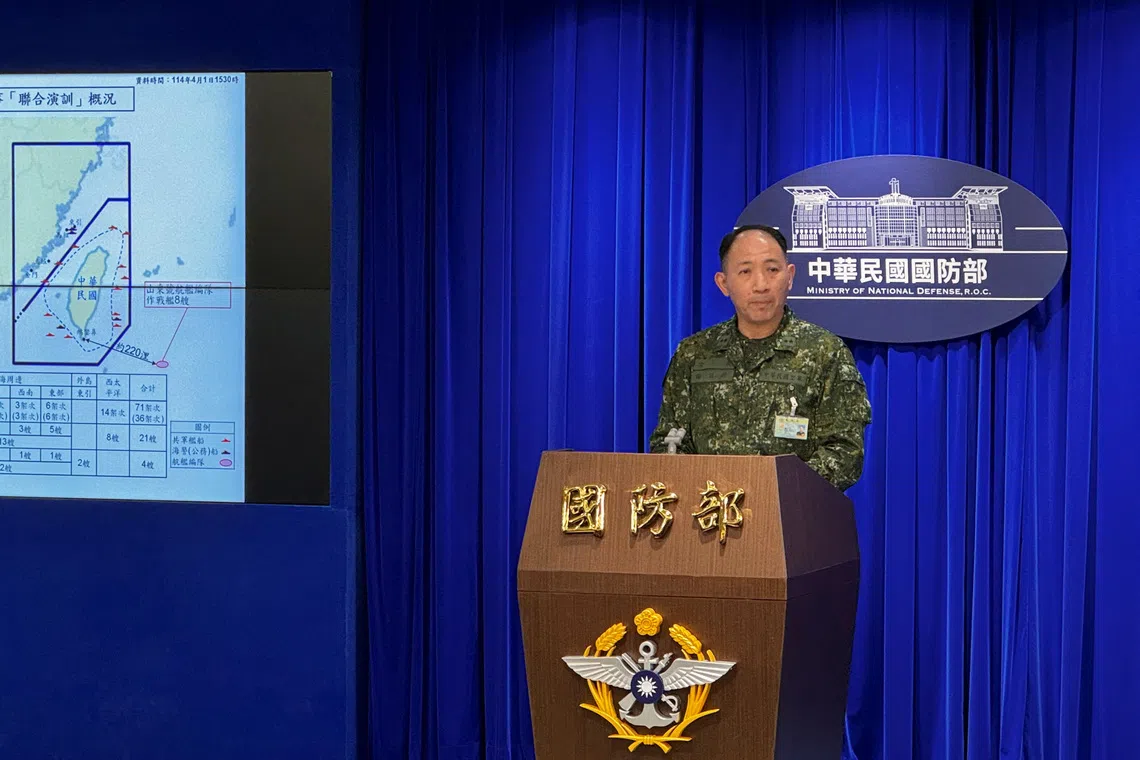 Senior Taiwan defence ministry intelligence officer Hsieh Jih-sheng speaks during a press conference at the ministry, after China announced military drills encircling Taiwan, in Taipei, Taiwan April 1, 2025. REUTERS/Walid Berrazeg