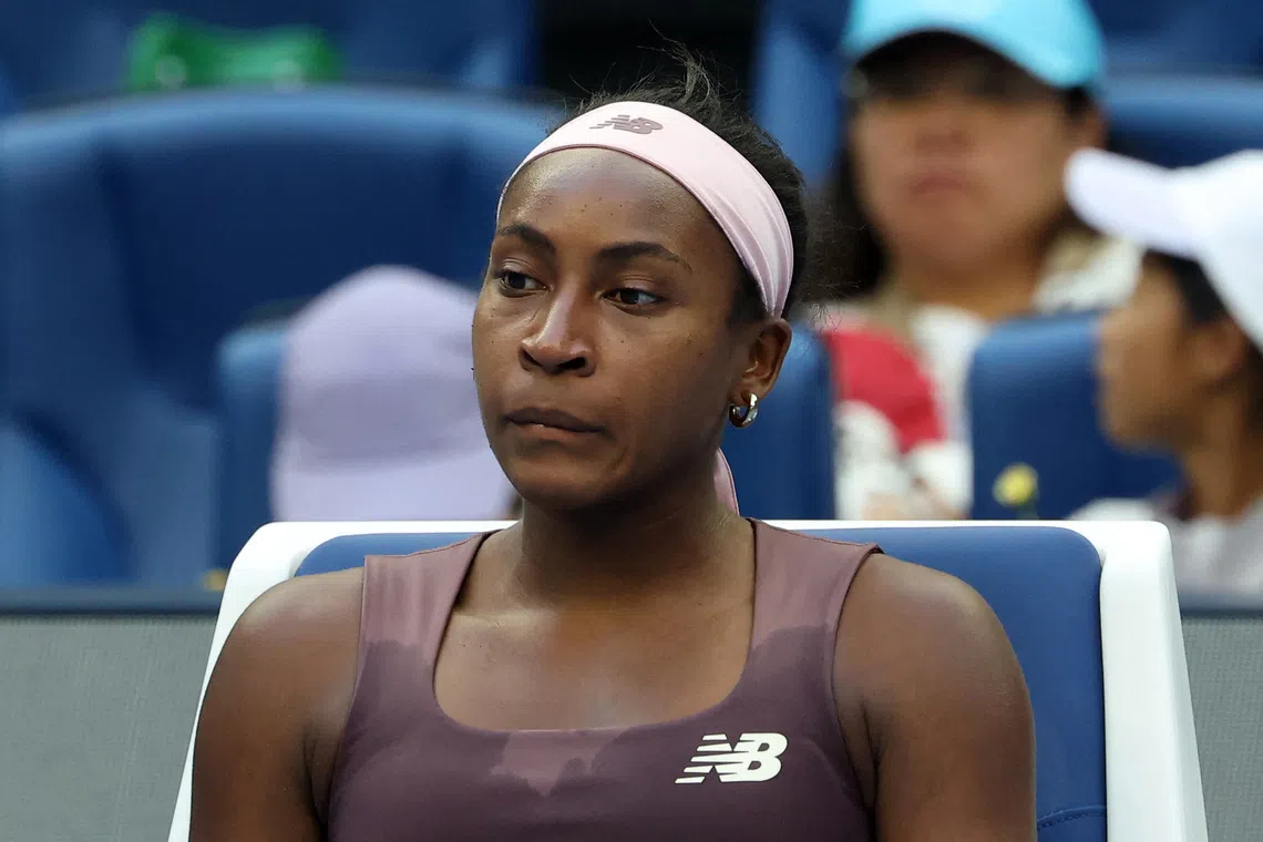 Tennis - China Open - National Tennis Center, Beijing, China - October 7, 2026 Coco Gauff of the U.S. reacts during her round of 16 match against Belgium's Elise Mertens REUTERS/Maxim Shemetov