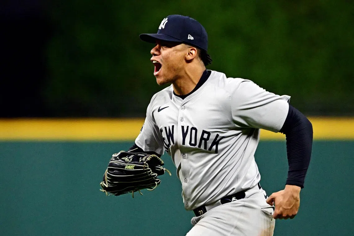 FILE PHOTO: Oct 19, 2024; Cleveland, Ohio, USA; New York Yankees outfielder Juan Soto (22) celebrates after making the final out to beat the Cleveland Guardians during game five of the ALCS for the 2024 MLB playoffs at Progressive Field. Mandatory Credit: David Dermer-Imagn Images/File Photo
