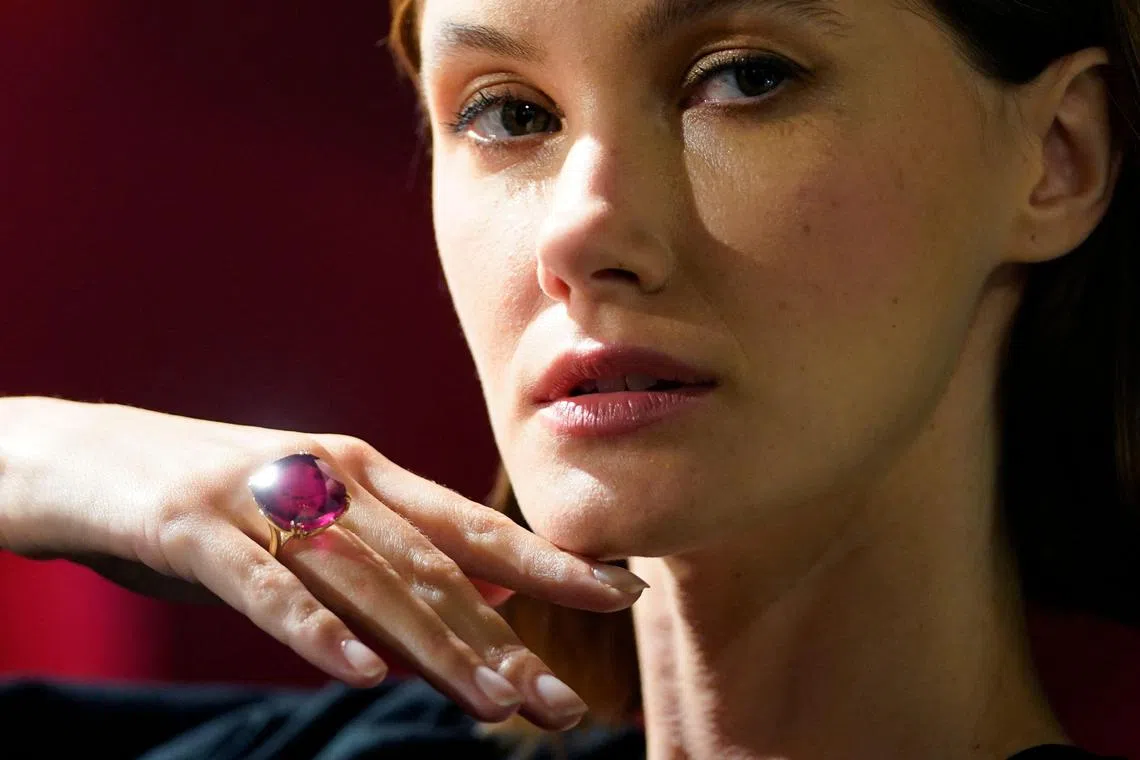 A model shows the Estrela de Fura ruby, the largest and most valuable ruby to ever appear at auction.