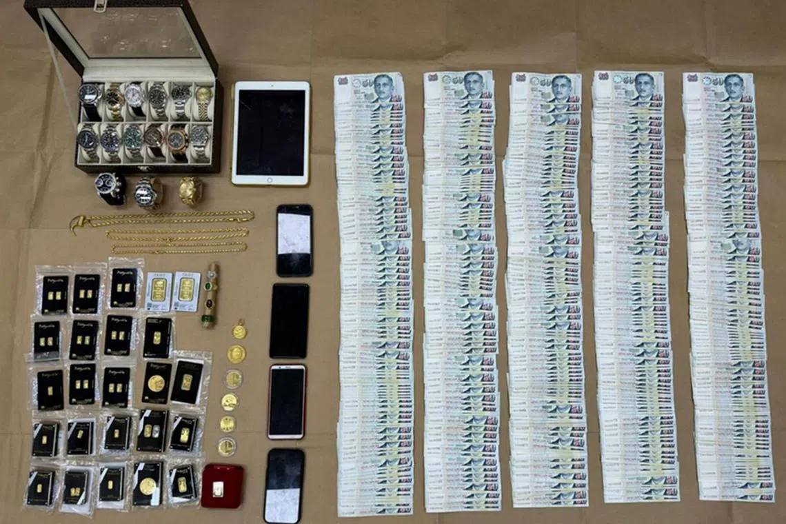 An array of items, including cash amounting to more than $25,000, 15 luxury watches, and gold comprising 34 bars, were seized.